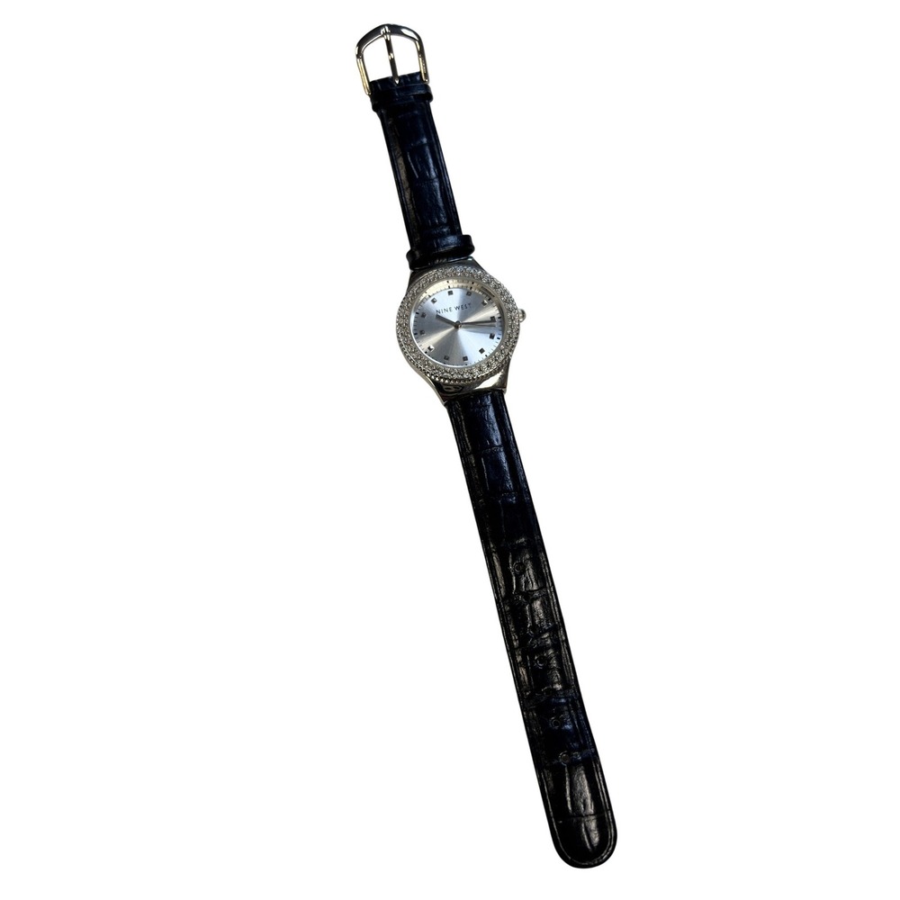 Nine West Watch Womens OS Black Excellent Rhinestone Bezel Croc Strap 9W/1474
